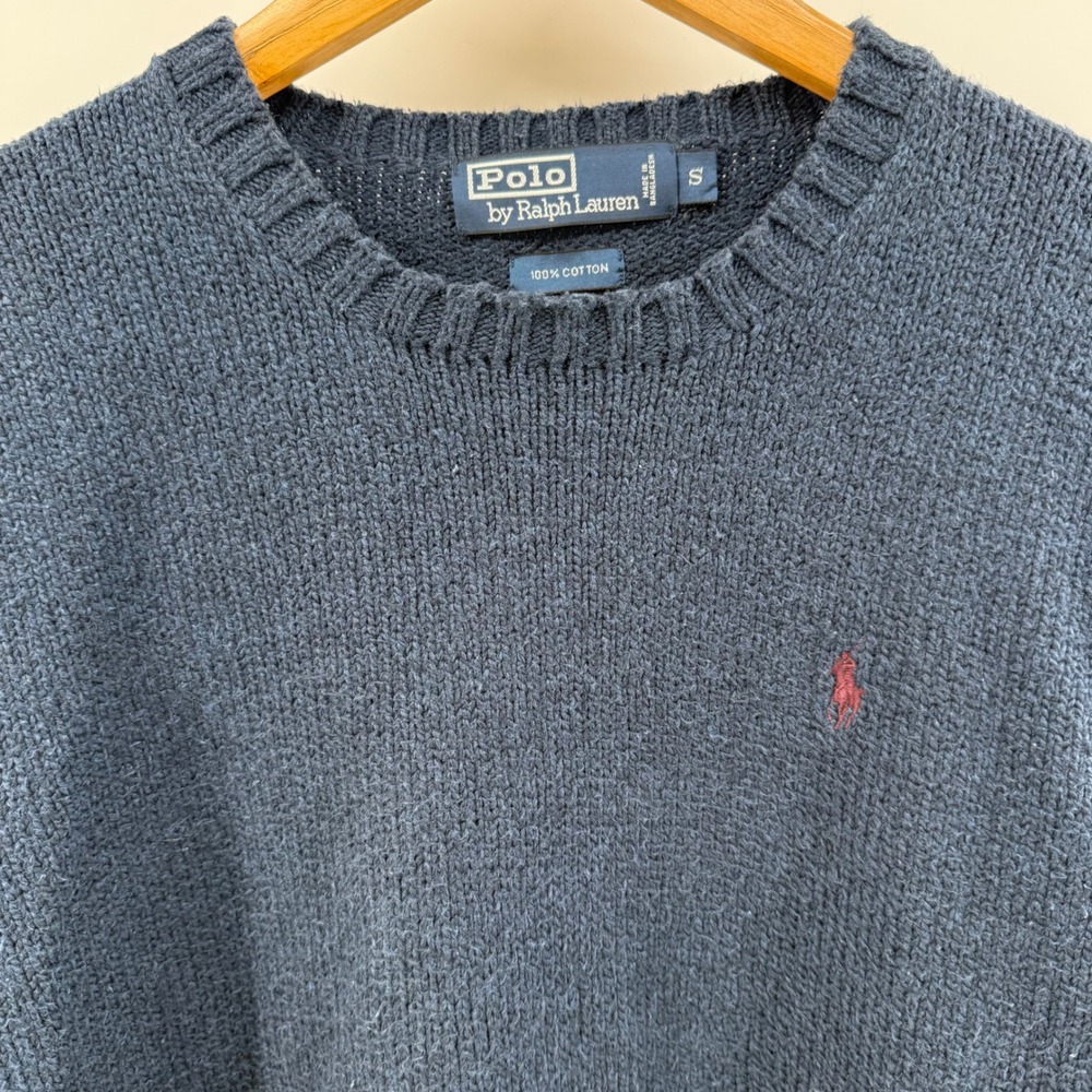 Polo Ralph Lauren Mens Vintage Navy Blue Cotton Crewneck Sweater Red Logo Size S